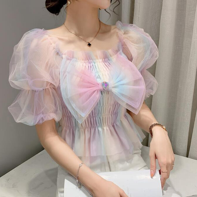 2021 new French style square neck sweet bow rainbow puff sleeve gauze top women's summer design sense niche