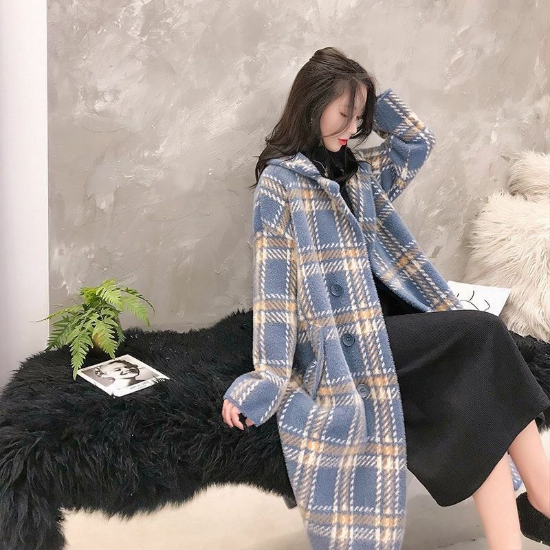 Mantel Beludru Mink Imitasi Panjang untuk Musim Gugur/Musim Dingin 2021 Versi Korea Baru Longgar Tebal Wol Kotak-kotak Kardigan Jaket Wanita