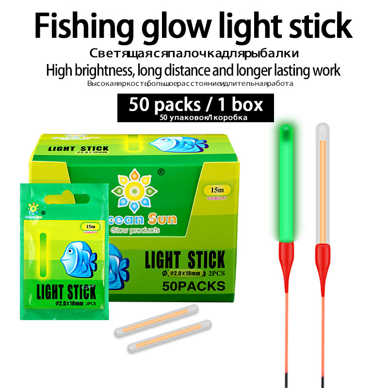 Bâtons lumineux de pêche fluorescents de haute qualité, longue durée, 50 paquets/boîte
