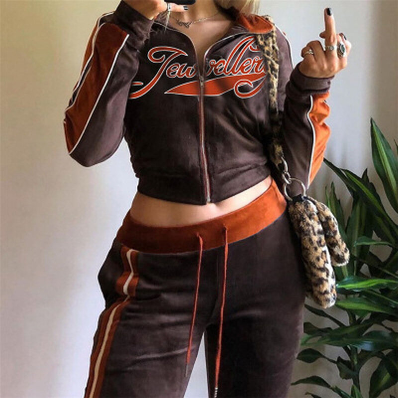 OrangeA femmes survêtement lettre imprimé velours 2 pièces tenue sweat + pantalon de survêtement droit correspondant ensemble Fitness sport Streetwear