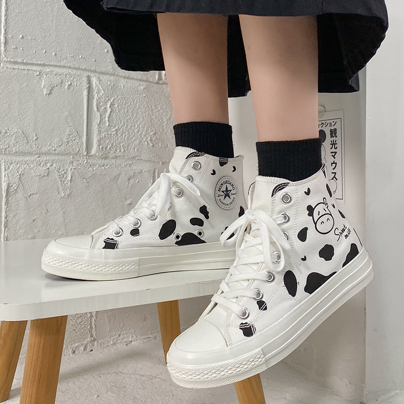Korean Fashion Student Cartoon Cow Canvas Shoes Spring Autumn High-top Flat Student Sneaker Lace-up Casual Vulcanized Shoes