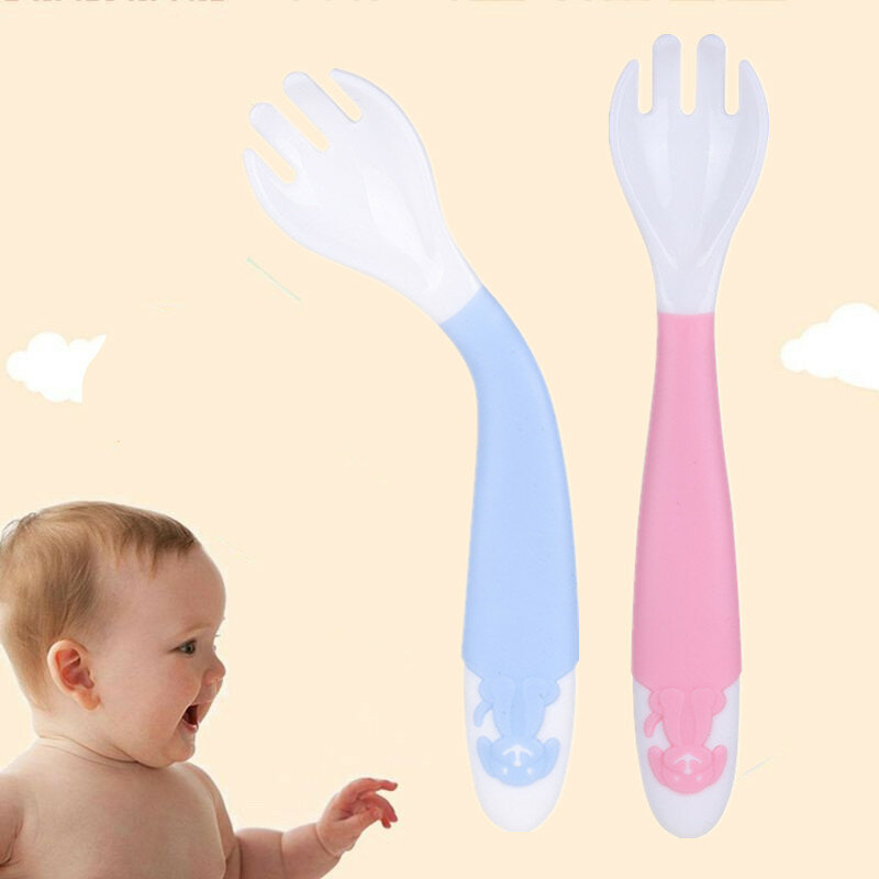 2 цвета безопасная пищевая ложка для малышей, Легкая очистка, изогнутая ложка, вилка, тренировочная ложка