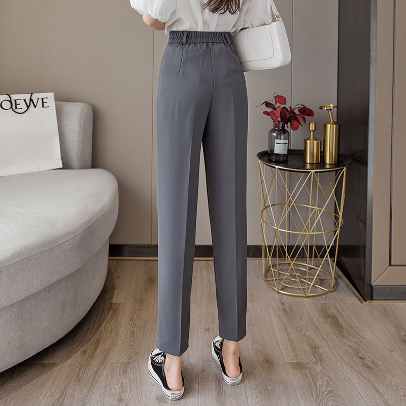 Calças femininas de cintura alta, nova calça com elástico, primavera-verão 2021, pés finos, roupas femininas 258f