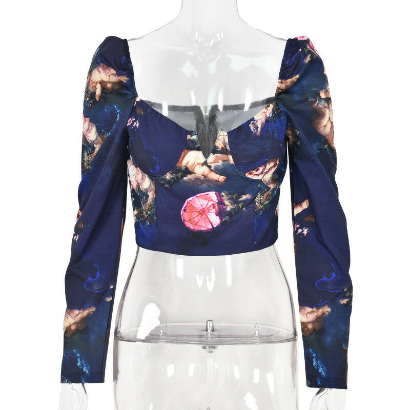 Hirigin-camisetas Vintage con estampado Floral para mujer, Tops cortos, blusas elegantes de manga larga con corte bajo y cuello cuadrado, 2021