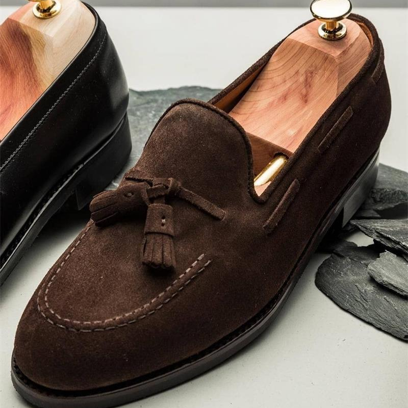 Мужские классические замшевые мокасины, темно-коричневые повседневные деловые туфли, лоферы с бахромой, модель KS286, 2021