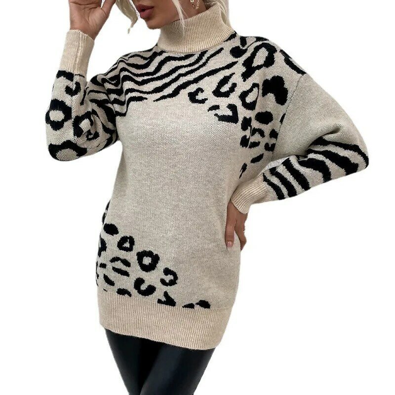 Jersey de punto de leopardo para mujer, vestido informal con cuello de tortuga, de alta calidad, para invierno