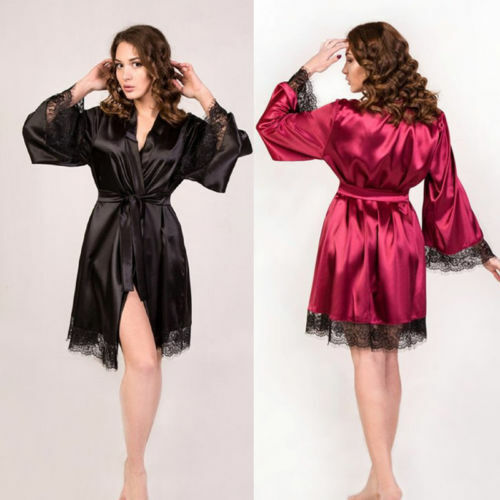 Lingerie Women Satin Silk Lace Robe Dress Nightdress Sleepwear Kimono Pyjamas Set