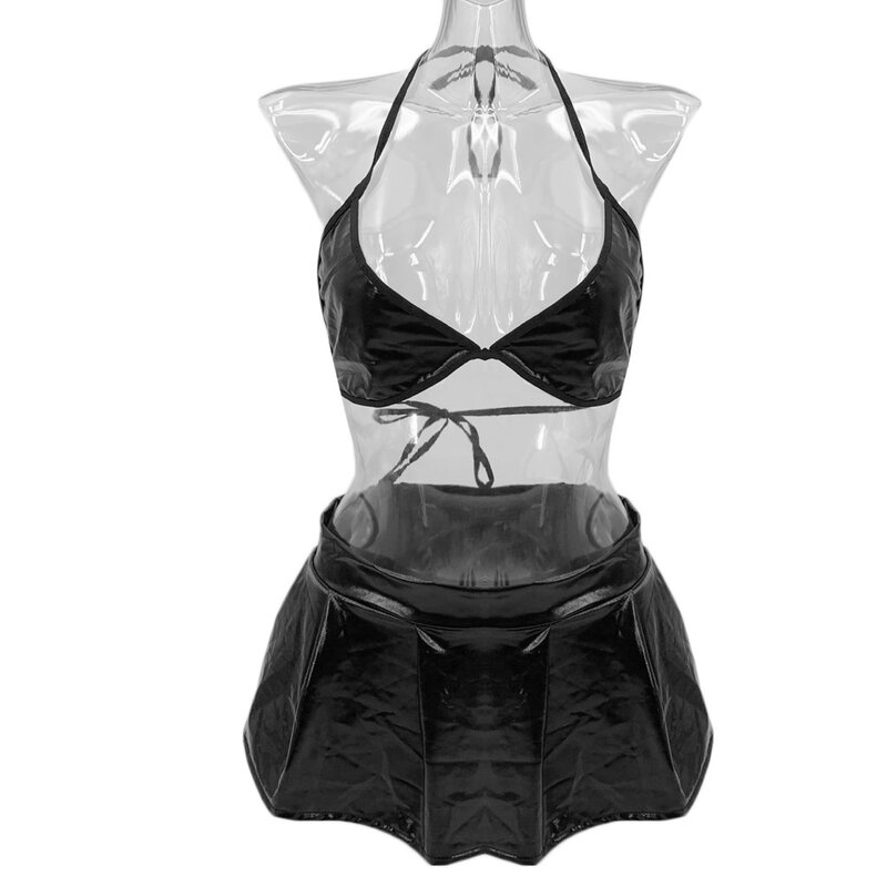2021 Nieuwe Zwarte Sexy Bh Set Vrouwen Lady Leather V-hals Plus Size Xxxxl Beha Ondergoed Mini Rok Lingerie Push Up bh Sets Dessous