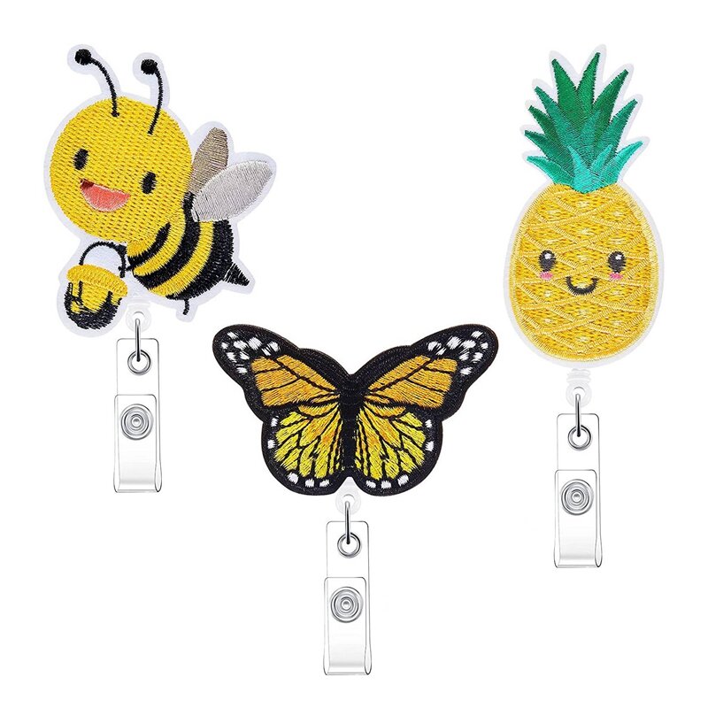 Porte-Badge rétractable en feutre, 3 pièces, ananas, abeille, papillon, mignons, avec pince crocodile, pour carte d'identité