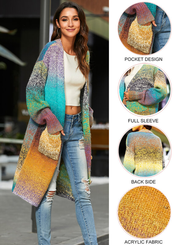 CGYY Lightweight Rainbow Color Striped  Loose Causal  Long Sleeve Open Front Breathable Women Cardigan Sweater With Pockets