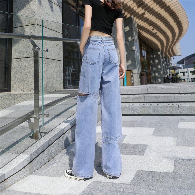 سراويل نسائية جينز ممزقة بخصر عالٍ موضة صيف 2020 ملابس خروج واسعة واسعة الساق سراويل مستقيمة هاراجوكو مرنة