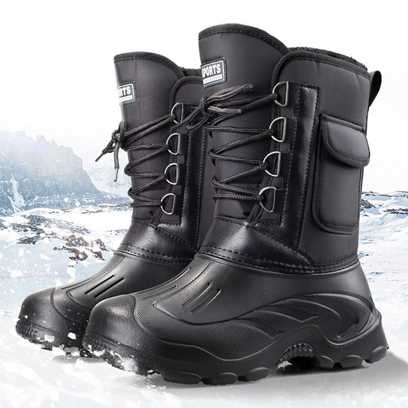 الشتاء الثلوج الرجال الأحذية أحذية المطر عدم الانزلاق مقاوم للماء مع الفراء أفخم الدافئة الذكور عادية منتصف العجل الدافئة منفوش العمل الصيد التمهيد