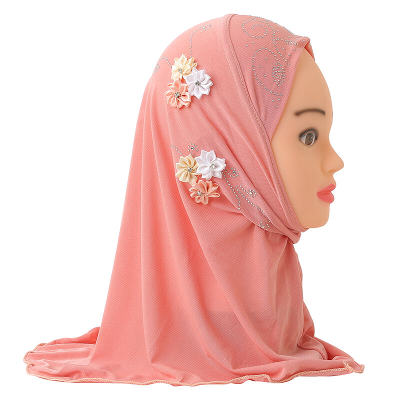 H075-Hijab avec Fleurs Faites à la Main pour Petite Fille, Écharpe Islamique pour Enfants de 2 à 6 Ans