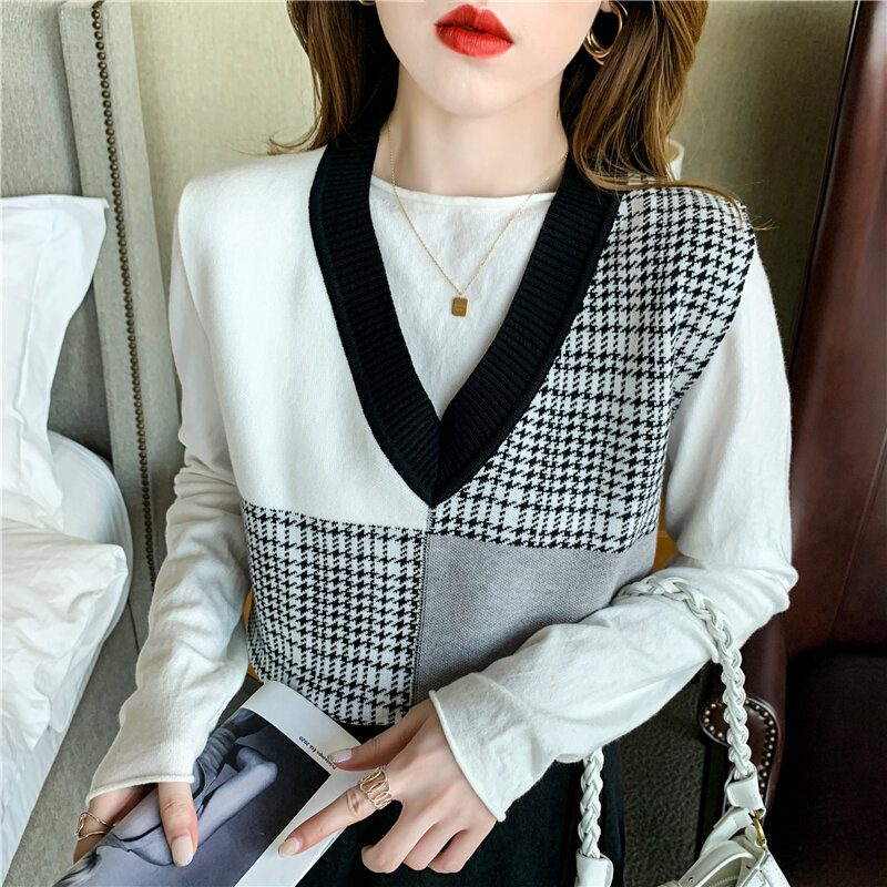 Autumn Winter 2021 New V-neck lattice Head Contrast color Splicing vest Women Knitted Vest Sleeveless Sweater Pullover Tops 615F