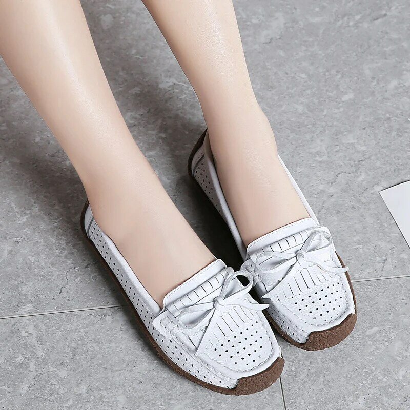 Fashion Women Shoes Breathable Genuine Leather Soft Comfort Sewing White Flats Cowhide Doug Shoes Casual Spring Summer Autumn