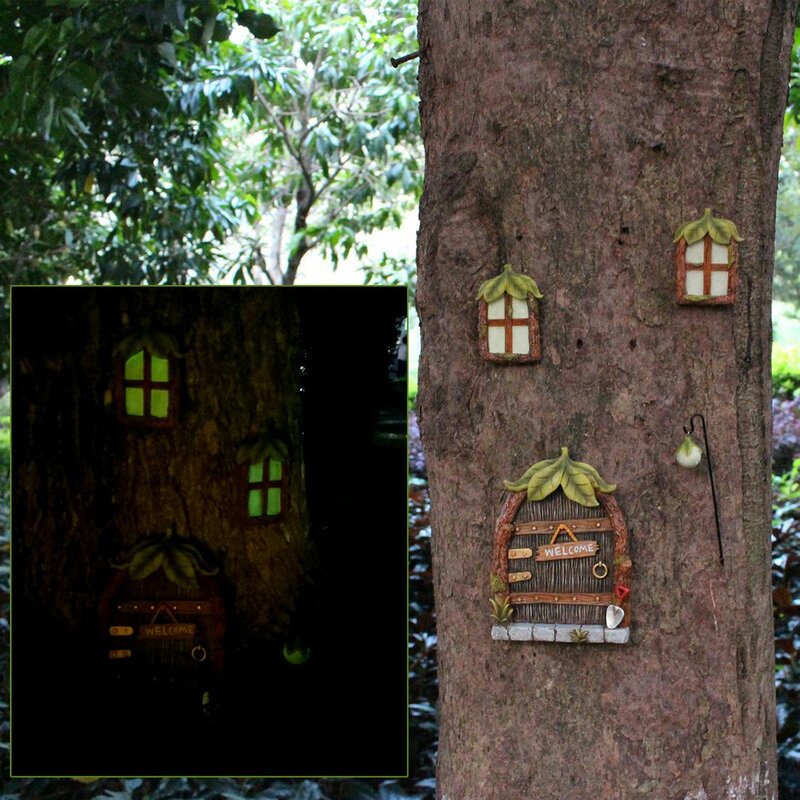 Ornamen Dekorasi Taman Peri Bersinar Dalam Gelap Resin Miniatur Pintu Jendela Lampu Jalan Status untuk Taman
