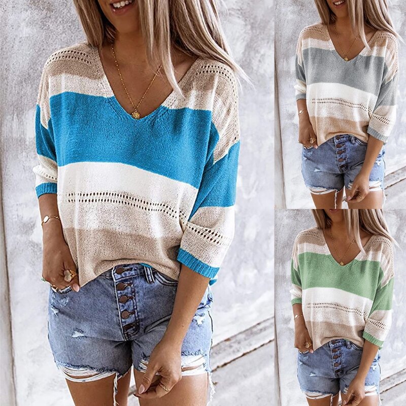 Women 3/4 Sleeve Sweater Sexy V-Neck Color Block Striped Hollow Knit Jumper Tops X3UE
