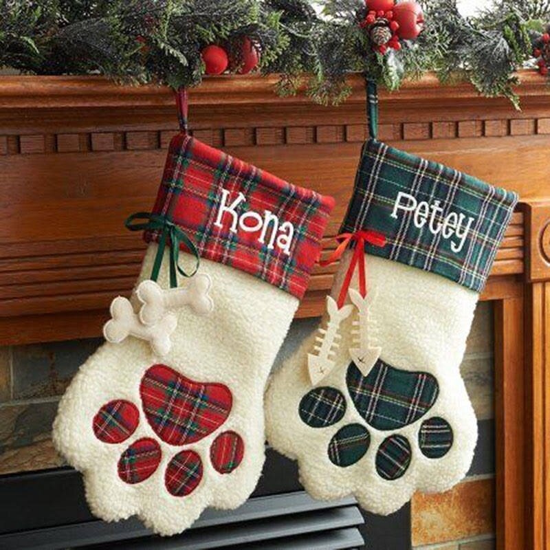 Grand bas de noël classique motif patte de chat, Plaid rouge et noir, manchette, tissu, sac de bonbons, chaussettes, cadeau, décorations pour la maison