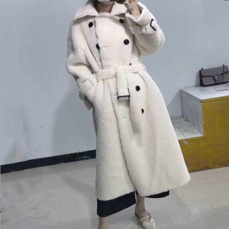 TOPFUR-abrigo de piel auténtica para mujer, chaqueta de lana gris con cinturón y cuello de solapa, prendas de vestir, invierno, 2021