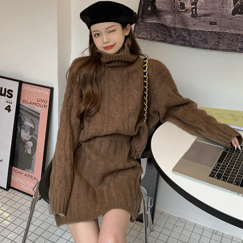 Sweater Turtleneck Seksi Musim Gugur Musim Dingin Wanita Dua Potong Set Rok Rajut Bodycon Pakaian Korea Klub Pesta Elegan