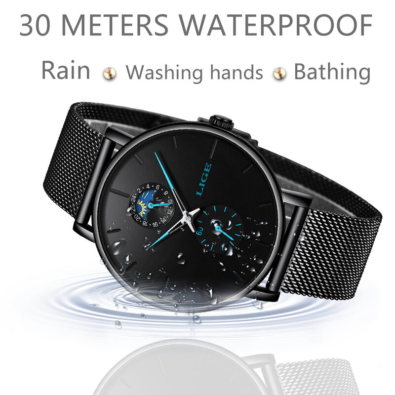LIGE Quartz Watch Men Casual Black Waterproof Watch Stainless Steel Ultra Thin Male Clock 24 hour Watch 2021 Relogios Masculino