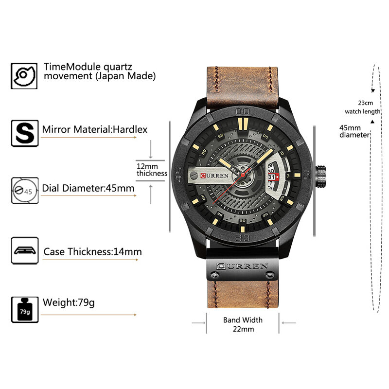 CURREN – montre-bracelet en cuir pour hommes, marque de luxe, sport militaire, horloge à Quartz, décontractée
