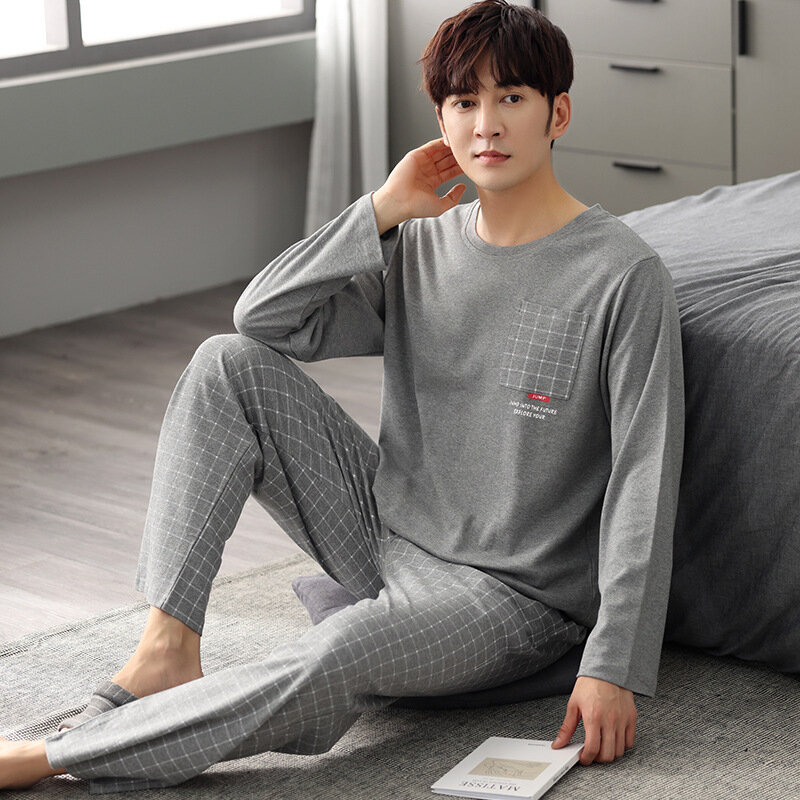 ผู้ชายชุดนอนผ้าฝ้ายชุดนอนเกาหลีหลวมๆชุดรอบคอกางเกงชุดการ์ตูนพิมพ์ Homewear ชายชุดนอนฤดูใบไม้...