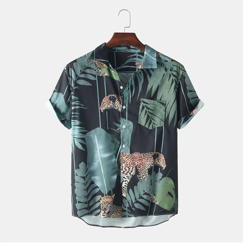 66 # قميص هاواي صيفي الرجال الفاخرة العلامة التجارية الربيع الصيف عادية سليم مطبوعة قصيرة الأكمام قمصان الشاطئ بلوزة