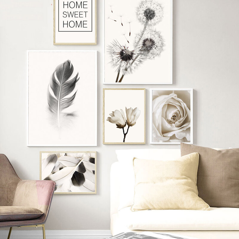Lienzo pintura arte de pared cartel nórdico negro blanco diente de león rosa de plumas fotos de flores para la decoración del hogar del dormitorio sin marco