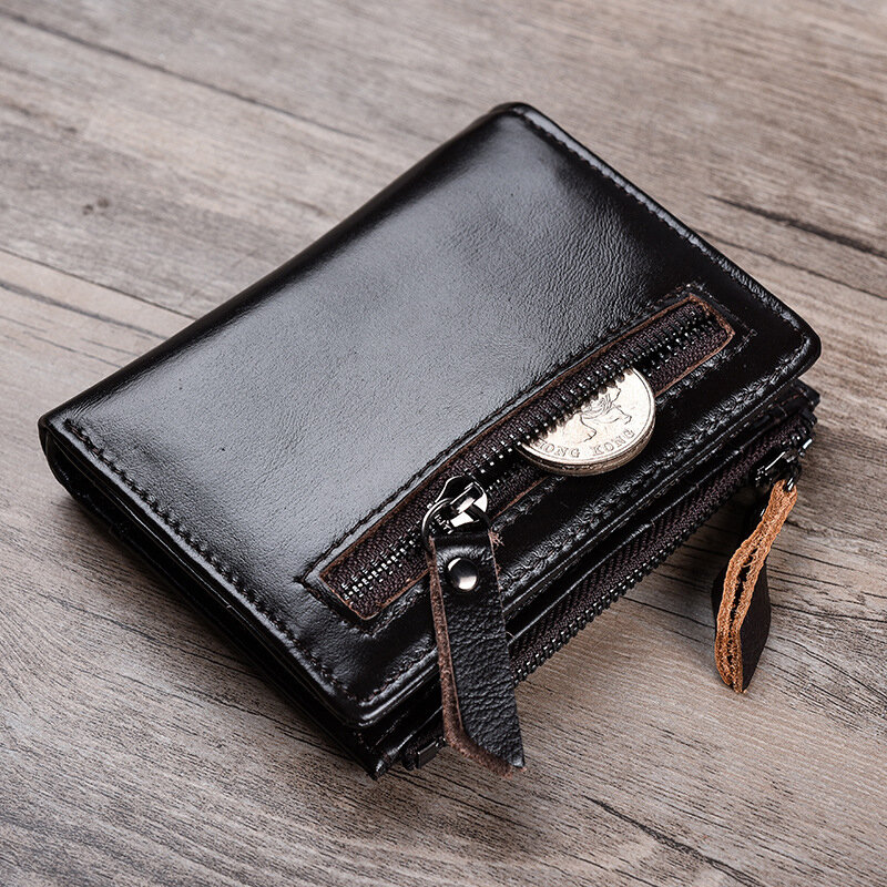 Billetera con grabado de nombre para hombre, billetera de cuero sintético plegable doble, billetera negra Vintage de lujo, pequeña, delgada, con cremallera