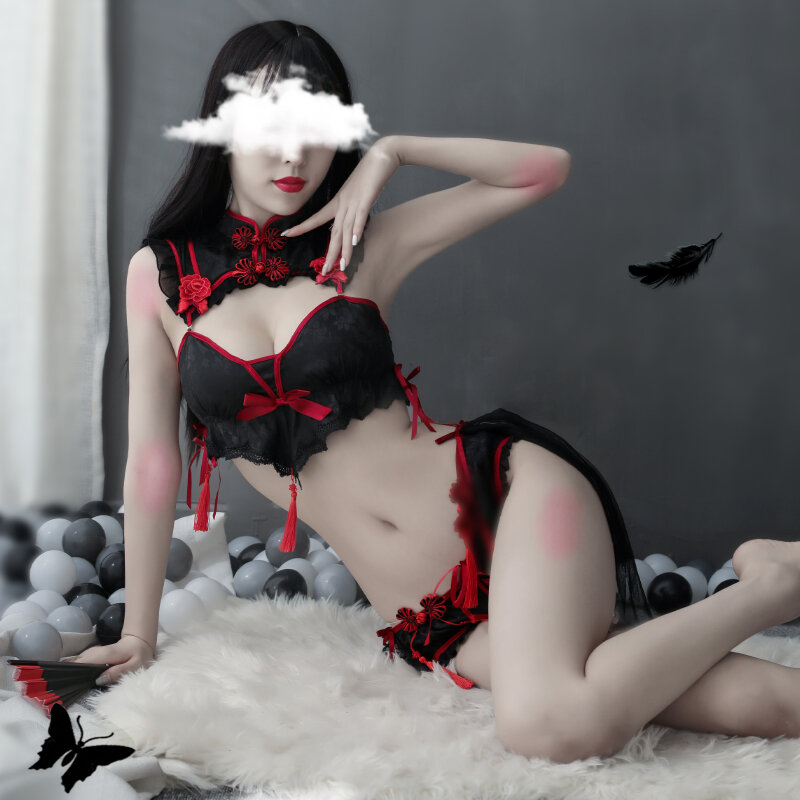 Disfraces de Cosplay sexys para mujer, vestido tradicional gótico Punk, Conjunto de sujetador del diablo pequeño, Cheongsams negros para fiesta, moda de satén de Color sólido