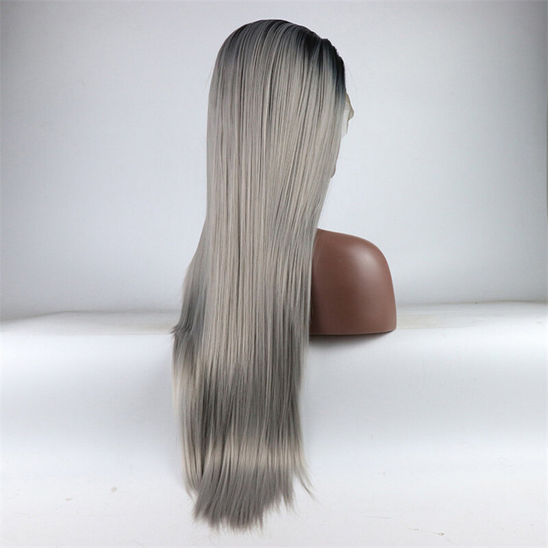 Ombre cinza 13*4 peruca dianteira do laço natural linha fina resistente ao calor fibra longa reta peruca de cabelo sintético para as mulheres com cabelo do bebê