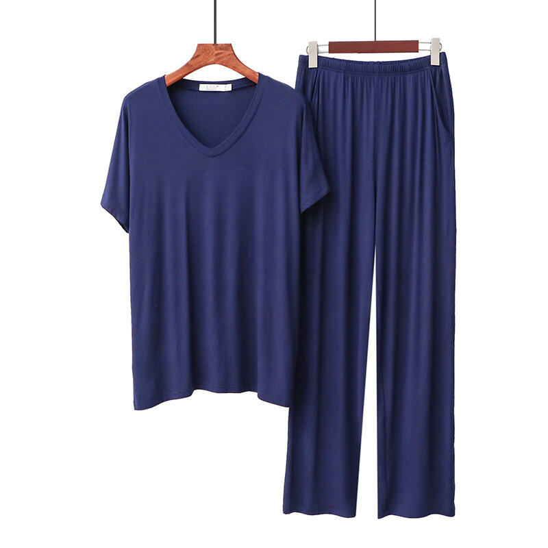 Spring Summer New Men's Solid Color Short-sleeved Trouser Suit Men Nightwear Casual Breathable Modal V-neck Loose Pajama Set