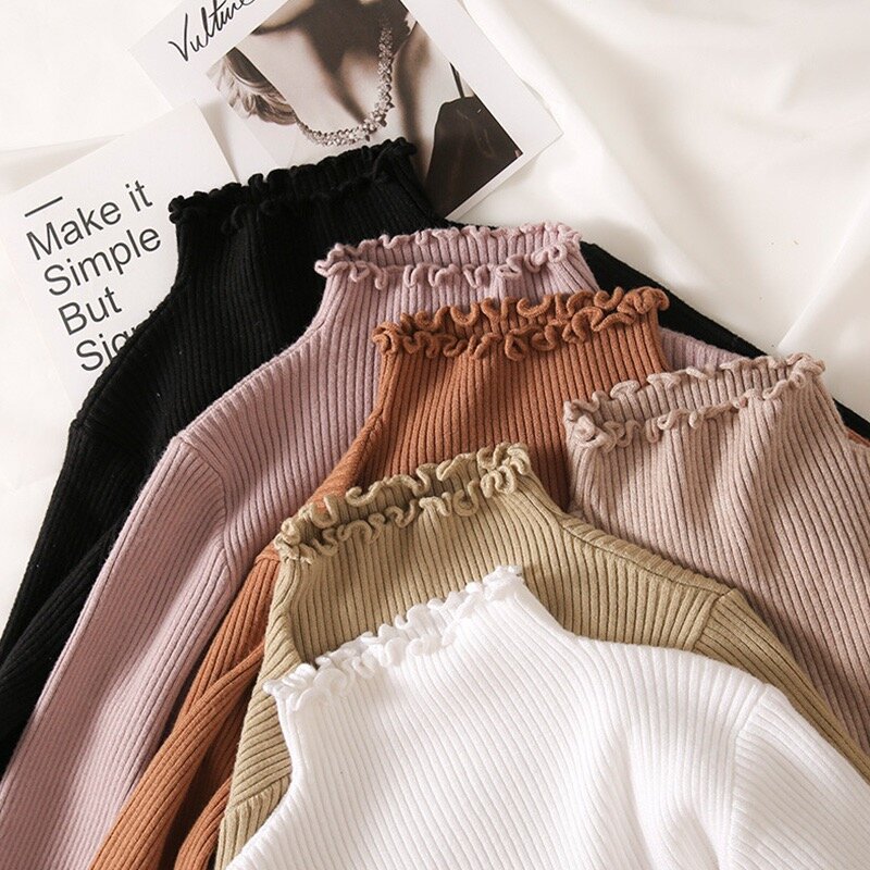 Suéter de punto interior grueso para mujer, camisa de fondo, Jersey acanalado de cuello alto, ajustado, nuevo estilo, Otoño/Invierno, 2020