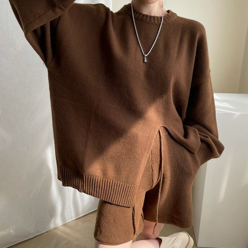2021 outono inverno nova moda feminina conjuntos de duas peças cor sólida dividir garfo em torno do pescoço manga longa simplicidade feminino terno de malha