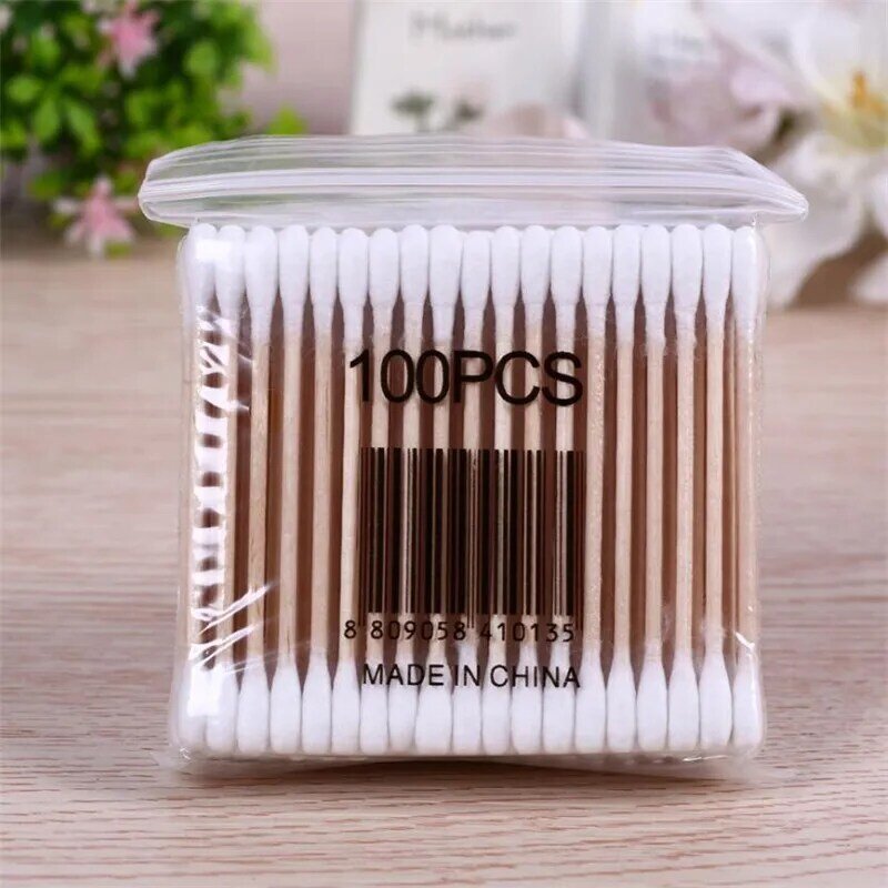 100Pcs/Bag Double Head Disposable Makeup Cotton Swab Soft Cotton Buds For Medical Wood Sticks Nose Ears Cleaning Tools