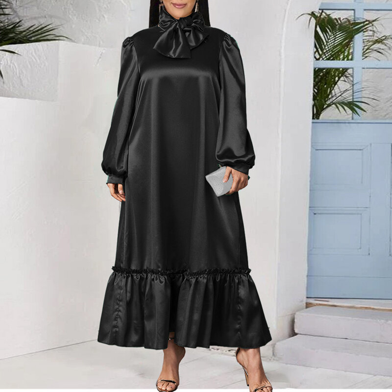 Autumn Winter 2021 Women Dress with Bow Bandage Lantern Long Sleeve A-Line Long Dresses Ruffles Patchwork Casual Plus Size Robe