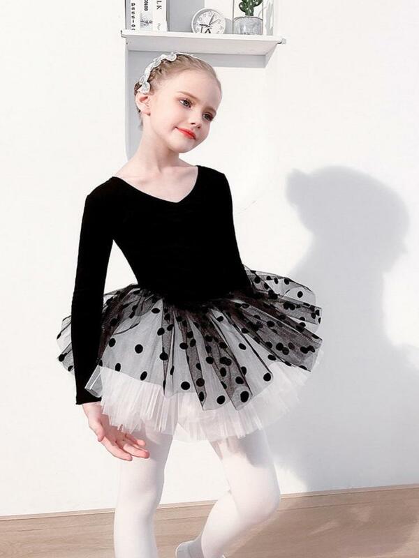 Falda de Ballet para niña, Vestido de manga larga dividido de dos piezas + falda de lunares (botón de presión para abrir el archivo), novedad de primavera y otoño
