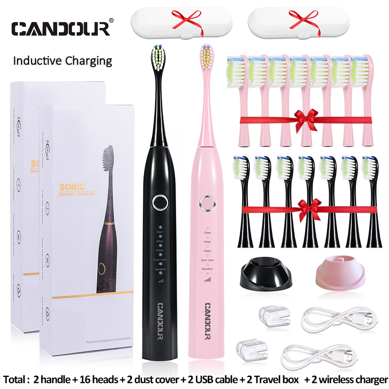 Электрическая зубная щетка CANDOUR CD5166 Sonic, умная щетка с зарядкой от USB, 5 режимов, чехол для путешествий, 16 насадок
