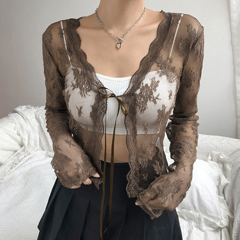 hirigin Women Sexy See Through Cardigans Y2K Long Sleeve Lace Mesh Lace Vintage Lace Up Crop Tops Streetwear Cardigans 2021