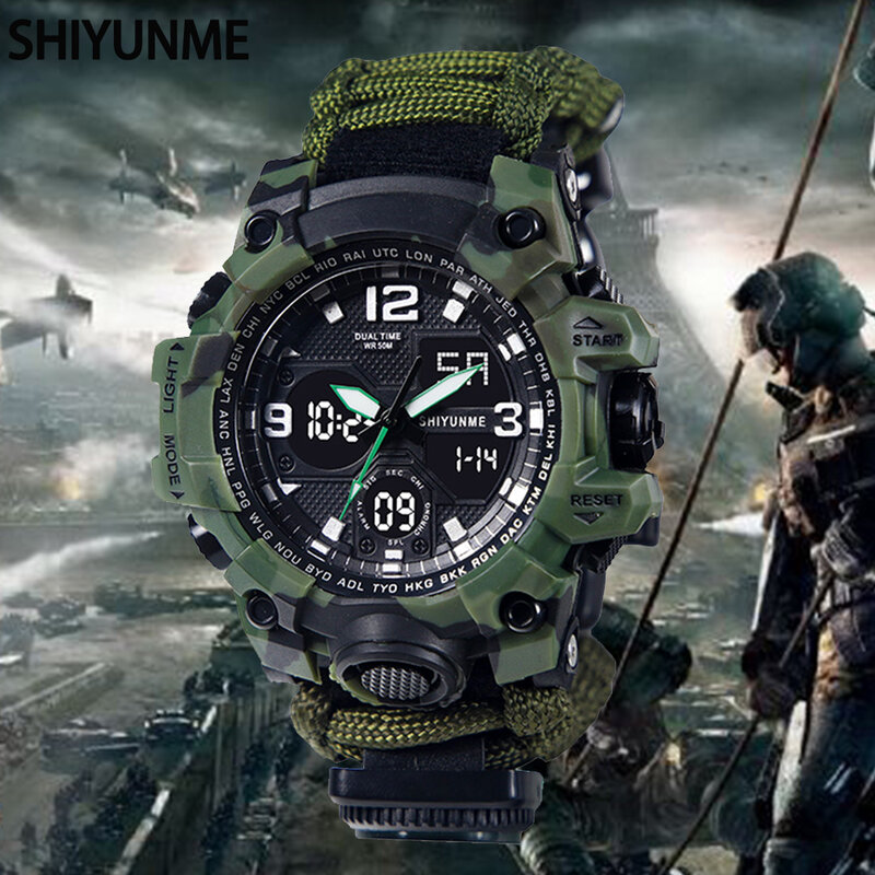 Shiyunme militar dos homens relógios esportivos bússola termômetro relógio de quartzo à prova dled água led digital masculino relogio masculino