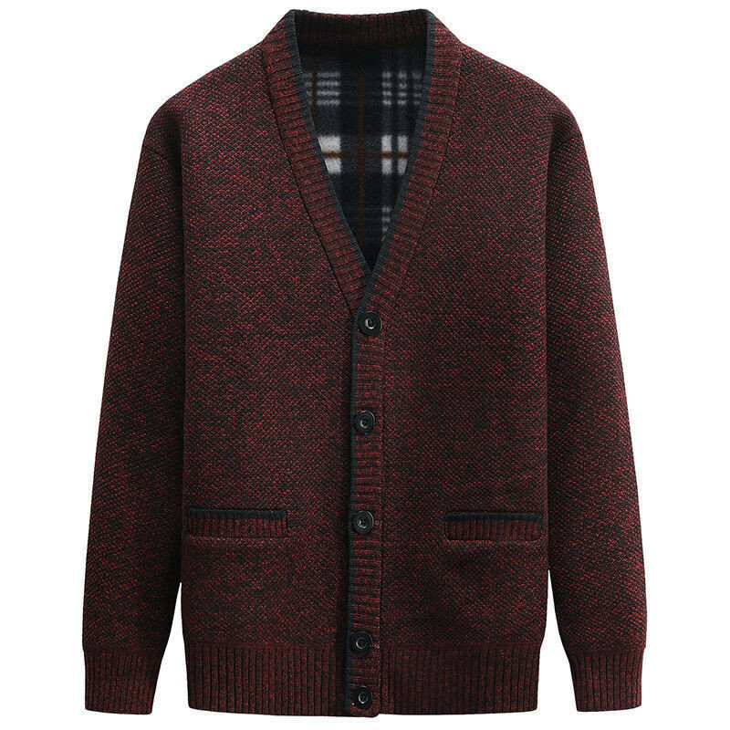 Sweter Pria Kardigan V-neck Bulu Plus Mantel Sweter Kasual Ukuran Plus Hangat untuk Pria Pakaian Jalanan Musim Gugur Musim Dingin