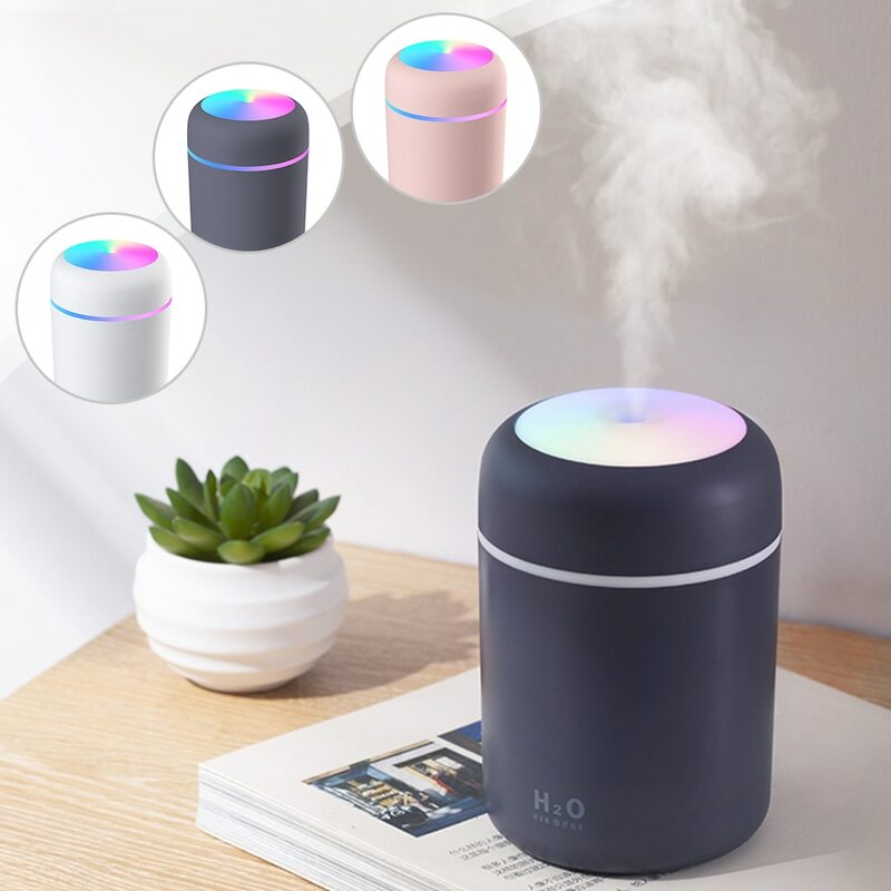 Przenośny, ultradźwiękowy nawilżacz powietrza zasilany przez USB, 300ml, rozpylacz zapachów, generator chłodnej mgiełki, oczyszcza i zwiększa wilgotność, świecący romantycznym światłem