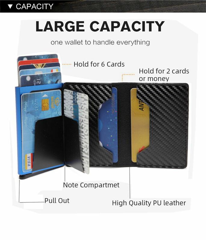 Porta carte di credito automatico da uomo portafoglio in pelle in fibra di carbonio Mini portafoglio in alluminio con tasca posteriore porta carte d'identità RFID