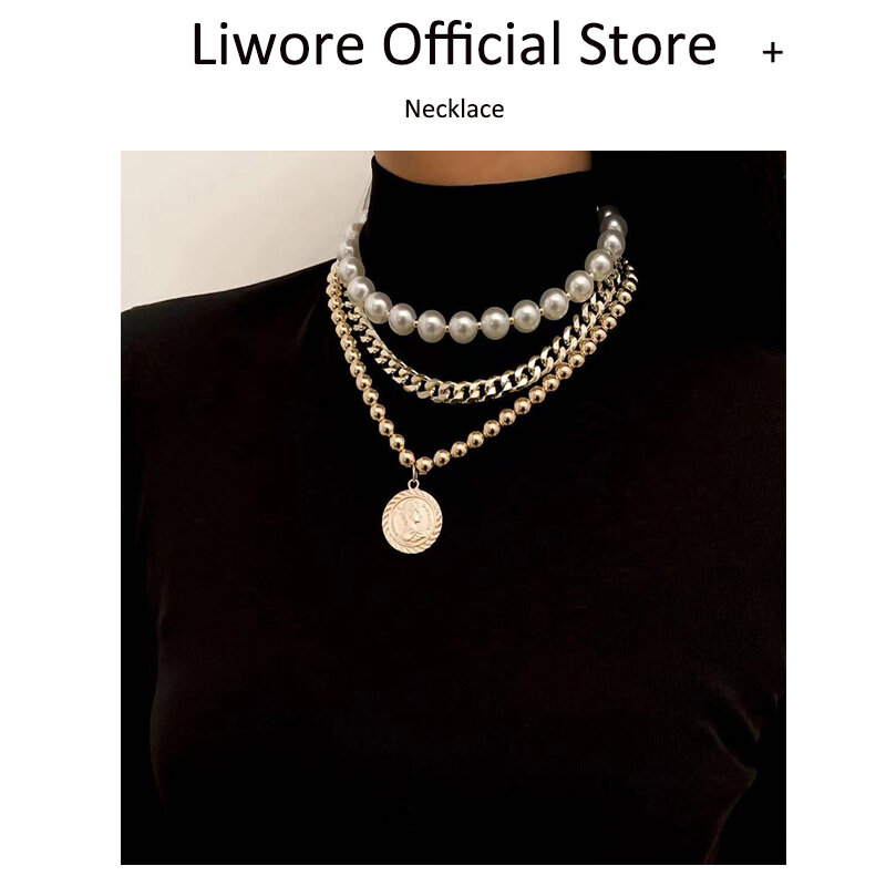Liwear Kalung Antik Kalung Rantai Selangka Mutiara untuk Mode Wanita Kalung Wanita Aloi Berlebihan Perhiasan Kalung Manik-manik