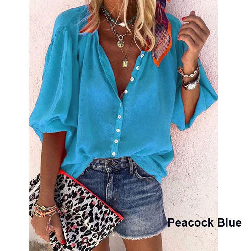 2020 Explosion Models Autumn New Solid Color Long-sleeved V-neck Button Ladies Shirt Summer Women's Blouse Plus Size Women S
