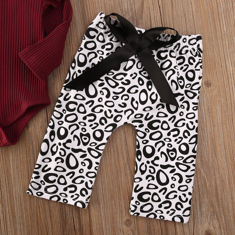Conjuntos de moda para niña bebé, Pelele de manga con volantes, pantalones de leopardo, Diadema con lazo de algodón, 3 piezas, trajes para niña de 0 a 18M
