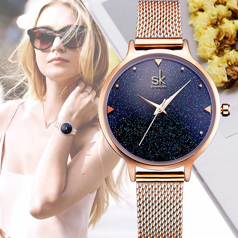 Relógios luxuosos para mulheres, de pulso, visor céu, rosa, ouro, pulseira de aço, vestimenta, para moças, relógio analógico
