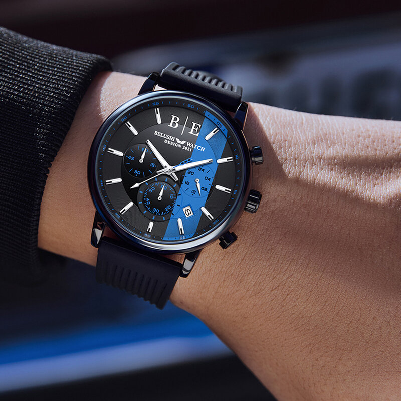 Men's Cool Sport Watches 2021 Luxury Quartz Watch Silicone Strap BELUSHI Watch Waterproof Chronograph Watch For Men Free Shiping