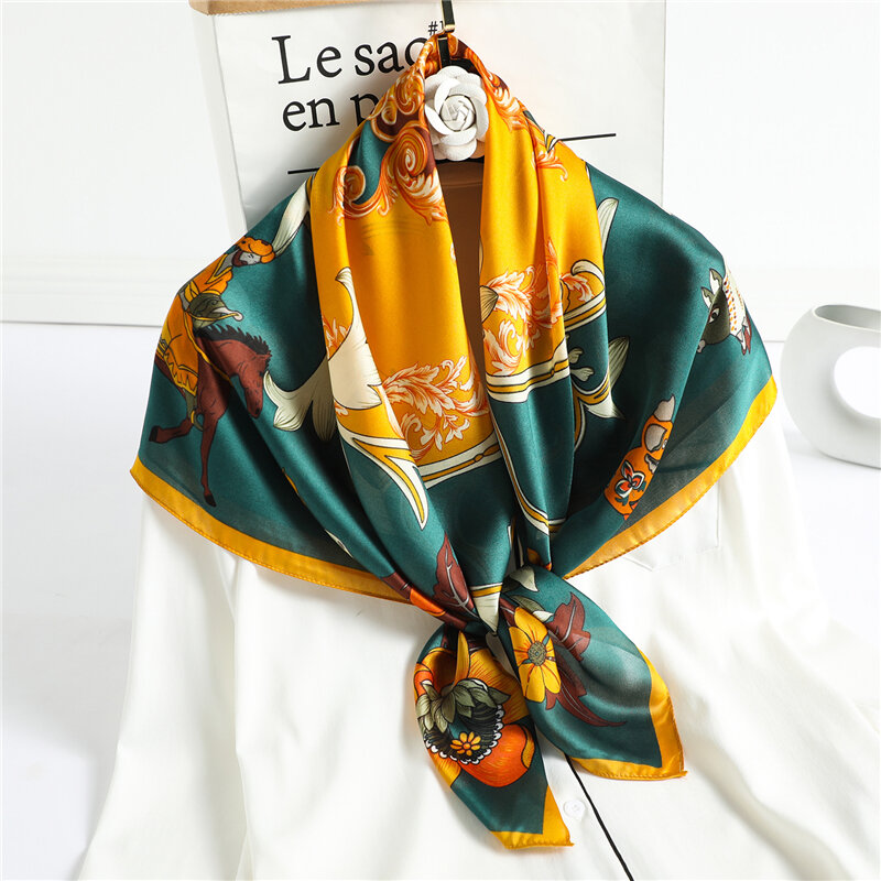 Kwiatowy Print satynowy jedwabny kwadratowy szalik kobiety hidżab chustka torba Wrap i szal pałąk moda szalik szalik fular 90*90cm